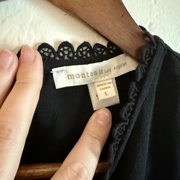 Monteau Los Angeles Size Large Top - Black Peplum Blouse Lace Button - Picture 4 of 8